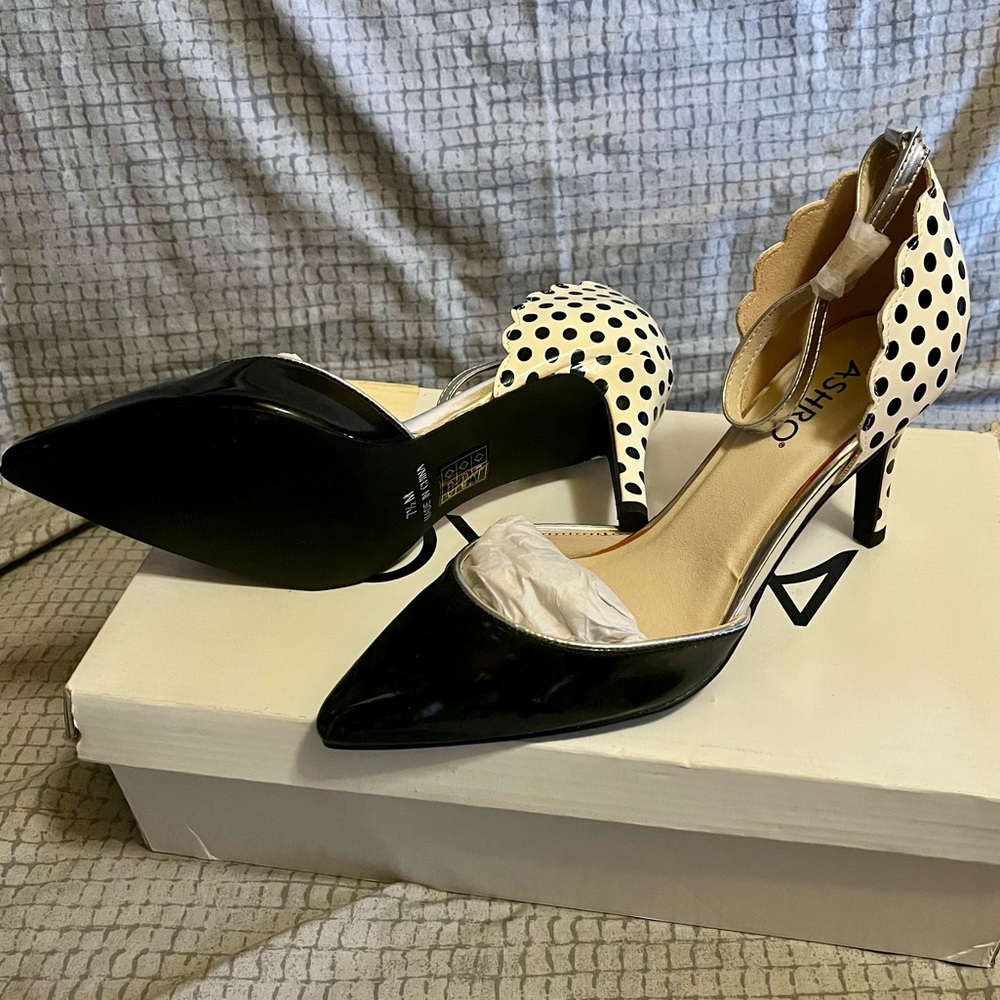 Ashro Black & White Polka Dot Cutout Heels | NWOT